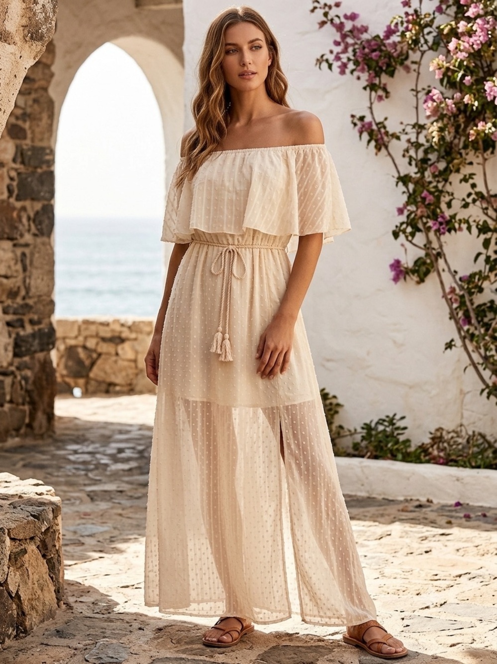 Off-Shoulder Cream Maxi Dress with Tassel Waist